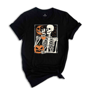 Skeleton Pumpkin T-Shirt, Coffee Lover Skeleton Shirt, Fall Coffee Shirt, Retro Halloween Shirt, Halloween Gifts For Coffee Lovers