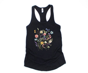 Vintage Flowers Tank Top, Boho Shirt, Botanical Floral Tank, Wildflowers T-Shirt, Floral Gym Tank Top