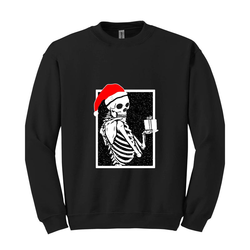 Skeleton With A Gift Christmas Sweatshirt, Merry Christmas Sweatshirt, Holiday Season, Spooky Santa Surprises Sweatshirt