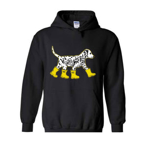 Dog in Boots Sweatshirt, Cute Dalmation Dog Hoodie, Dog Lover Hoodie, Winter Dog Sweater, Dalmation Dog Hoodie, Dog Lover Hoodie