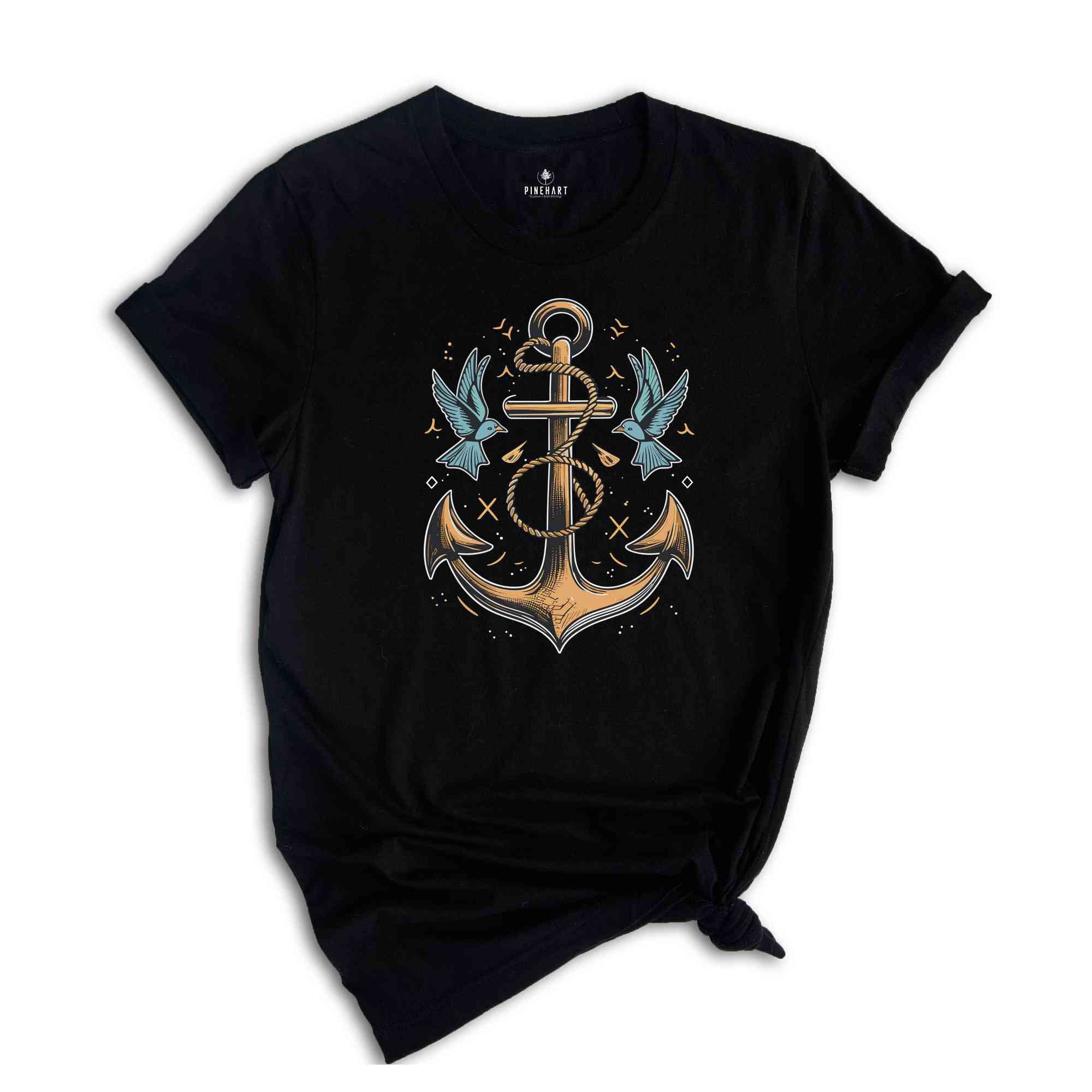 Anchor Birds Shirt, Gift for Sailor, Nautical Shirt, Captain Shirt, Summer T-Shirt, Sailor Shirt, Beach Shirt, Marina Shirt