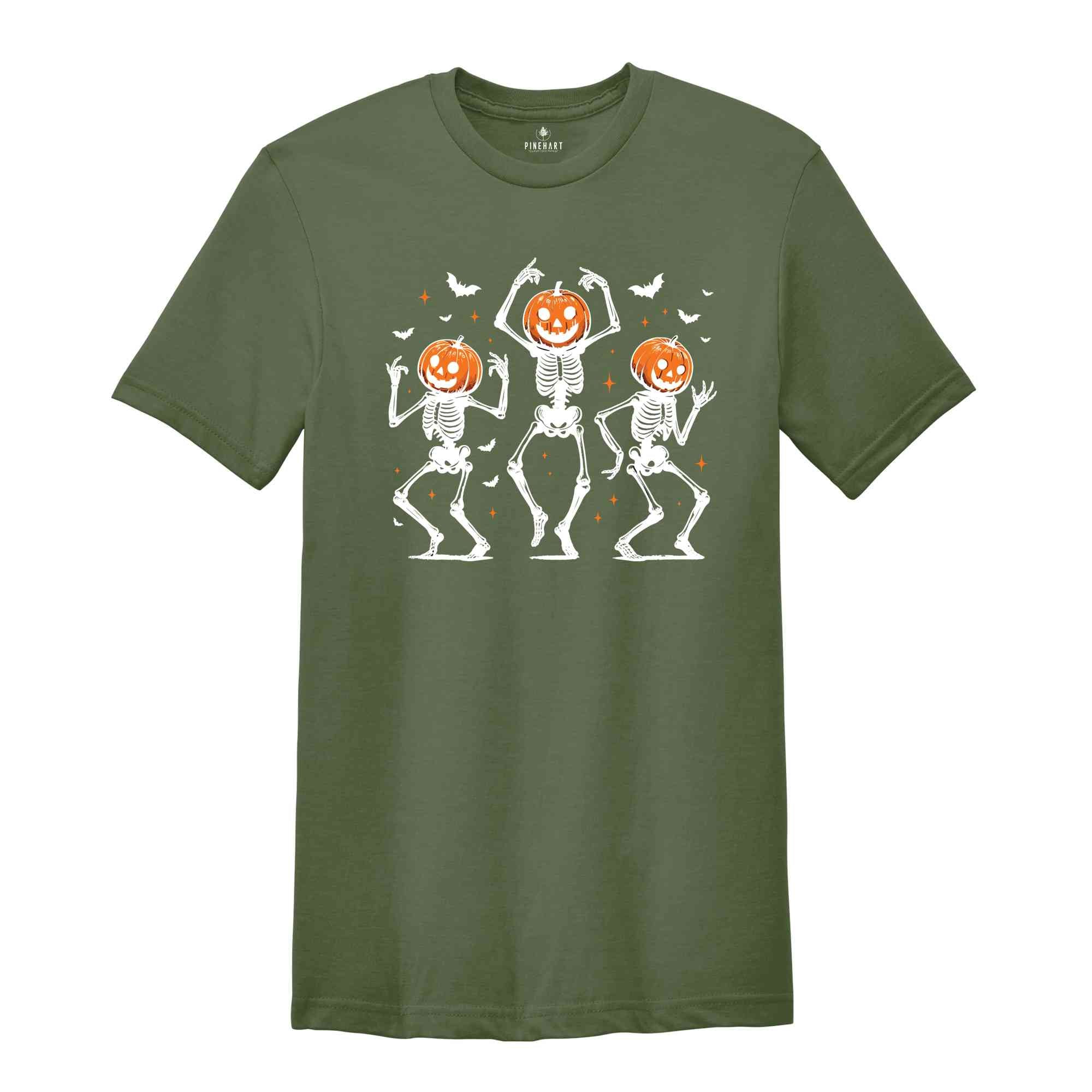 Dancing Skeleton Pumpkin Shirt, Retro Halloween Women's Shirt, Funny Fall Halloween Party Shirt, Spooky Season Skeleton Tee