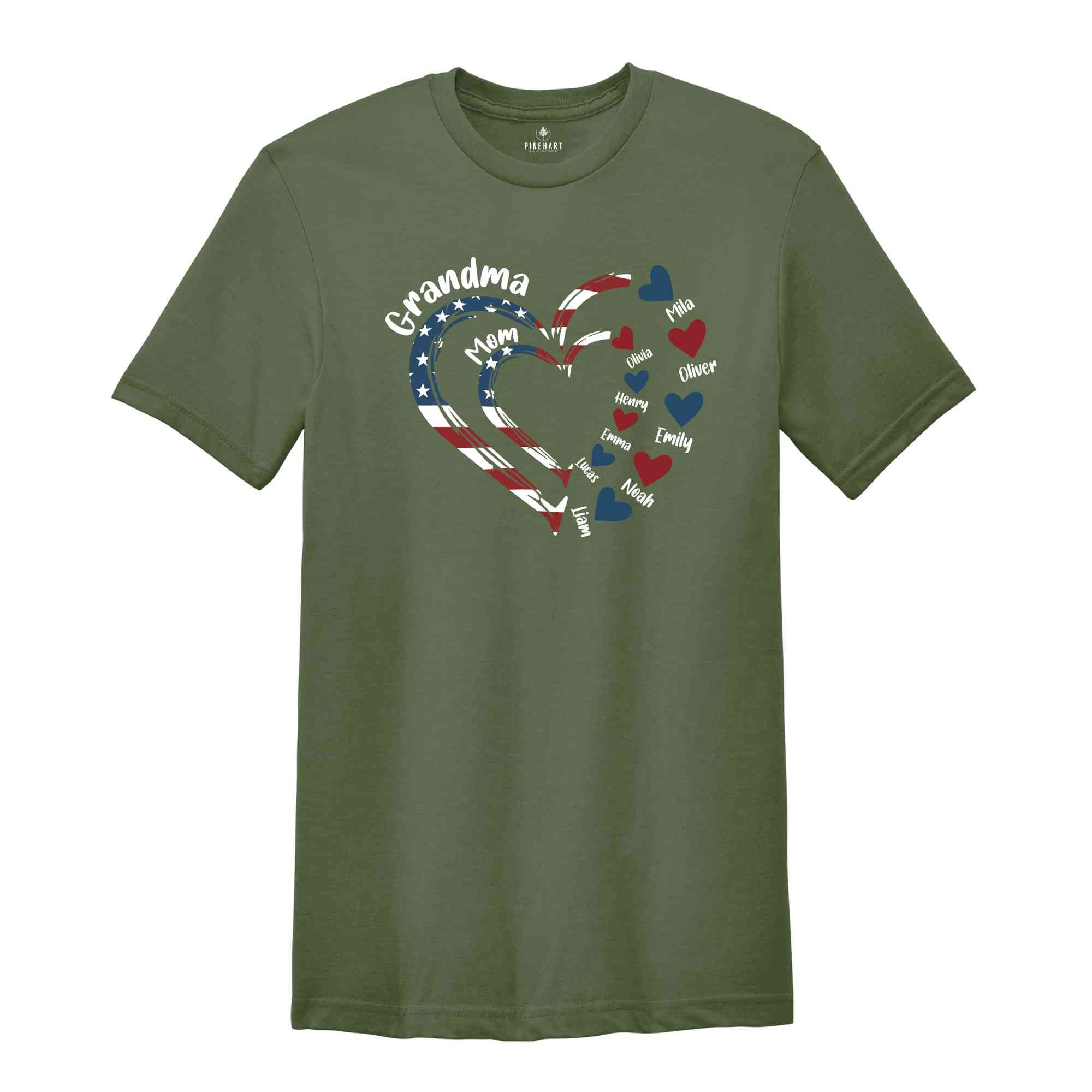 Custom Mom Grandma Heart T-Shirt, Custom 4th Of July Nana Shirt, Patriotic 4th of July Grandma Tee, 4th Of July Gifts