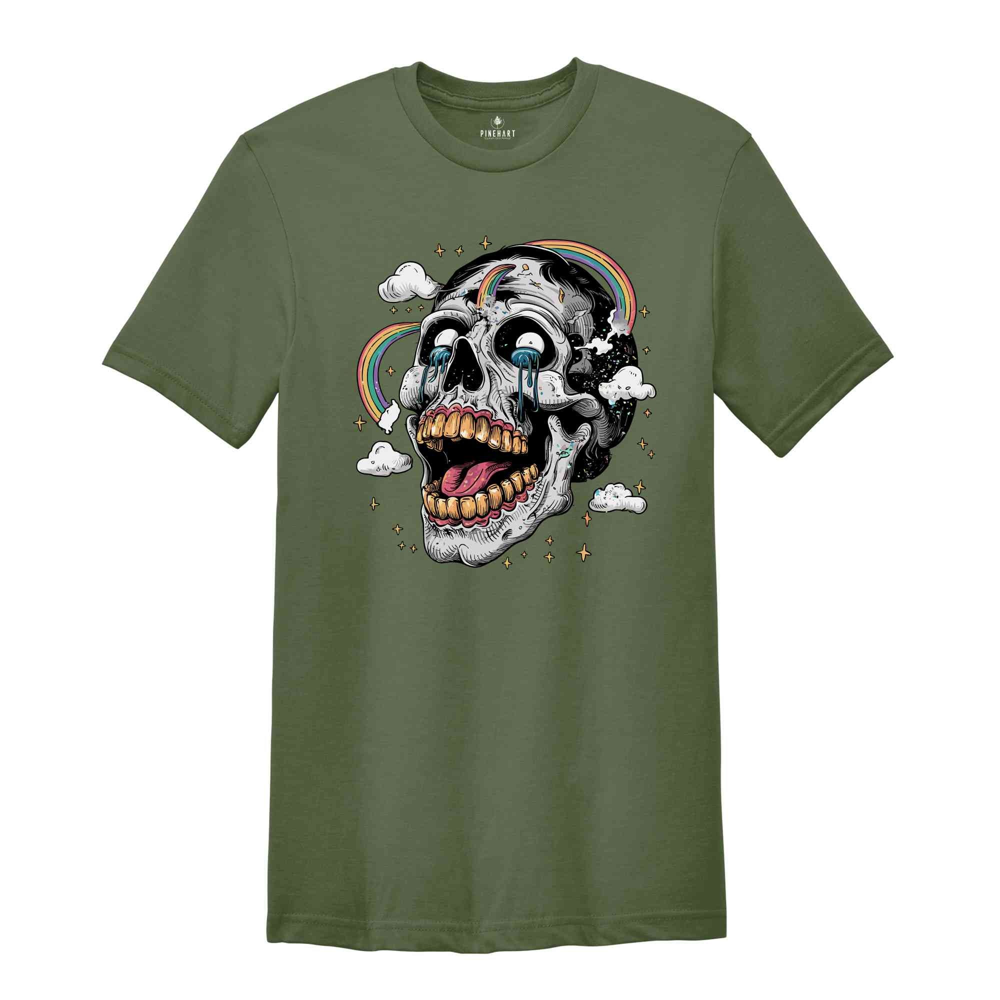 Floral Skull T-Shirt, Boho Outfit, Wild Flowers Shirt, Neon Skull Shirt, Grunge Skull Shirt, Psychedelic Rainbow Tshirt