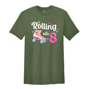 Rolling Into 8 Girl Birthday Shirt, 8th Birthday Girl Tee, Eight Birthday Gift, Girl Kids Birthday Party Tee