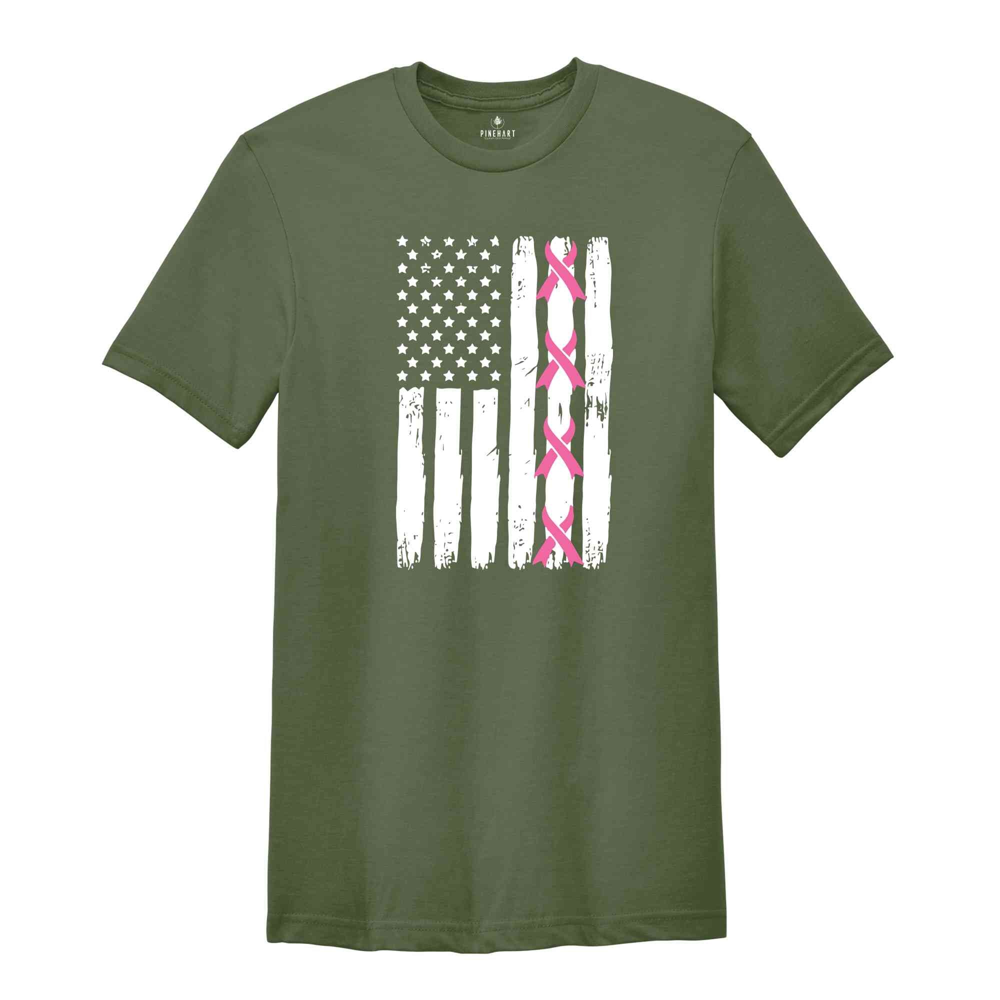 Breast Cancer T-Shirt, US Flag Shirt, Cancer Awareness T-Shirt, Breast Cancer Warrior Gifts, Cancer Survivor Shirts