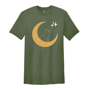 Cat With Moon, Cat With Stars, Cat T-shirt, Night Shirt, Cute Cat Shirt, Cute Shirt, Trendy Shirt, Happy Night T-shirt