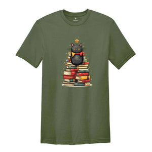 Christmas Cat Shirt, Book Tree Shirt, Cat Lover Shirt, Bookworm Shirt, Librarian Shirt, Christmas Gift, Christmas Party Shirt, Christmas Tee