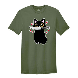 Black Cat With Knife Shirt, Funny Black Cat Shirt, Funny Cat Gift, Cat Lover Shirt, Murderous Cat Tee, Funny Black Tshirt