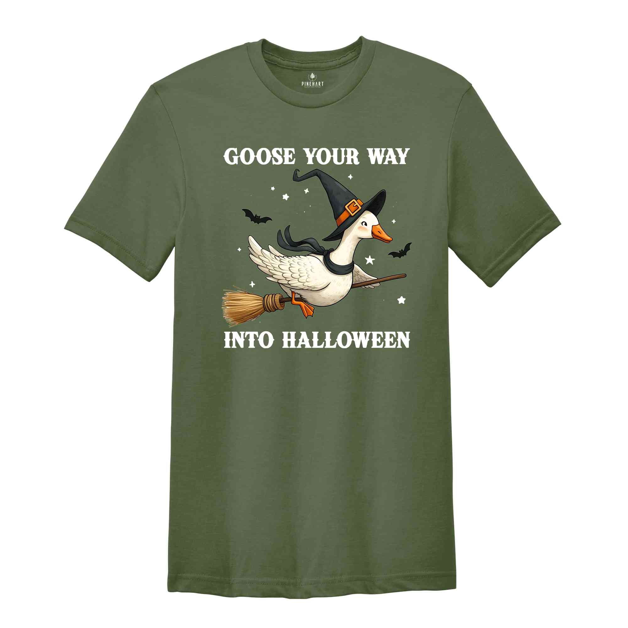 Goose Your Way Into Halloween Shirt, Halloween Goose T-Shirt, Halloween Duck Shirt, Flying Duck Pumpkin Tee, Trick or Treat Shirt