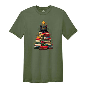 Christmas Cat Shirt, Christmas Book Tree Shirt, Cute Christmas Shirt, Xmas Gift, Christmas Tree Shirt, Christmas Party Shirt, New Year Tee,