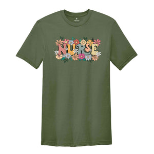 Floral Nurse Shirt, Wildflowers Nurse T-Shirt, Retro Nurse For Work Tee, Registered Nurse Gift, Nurse Appreciation T-Shirt