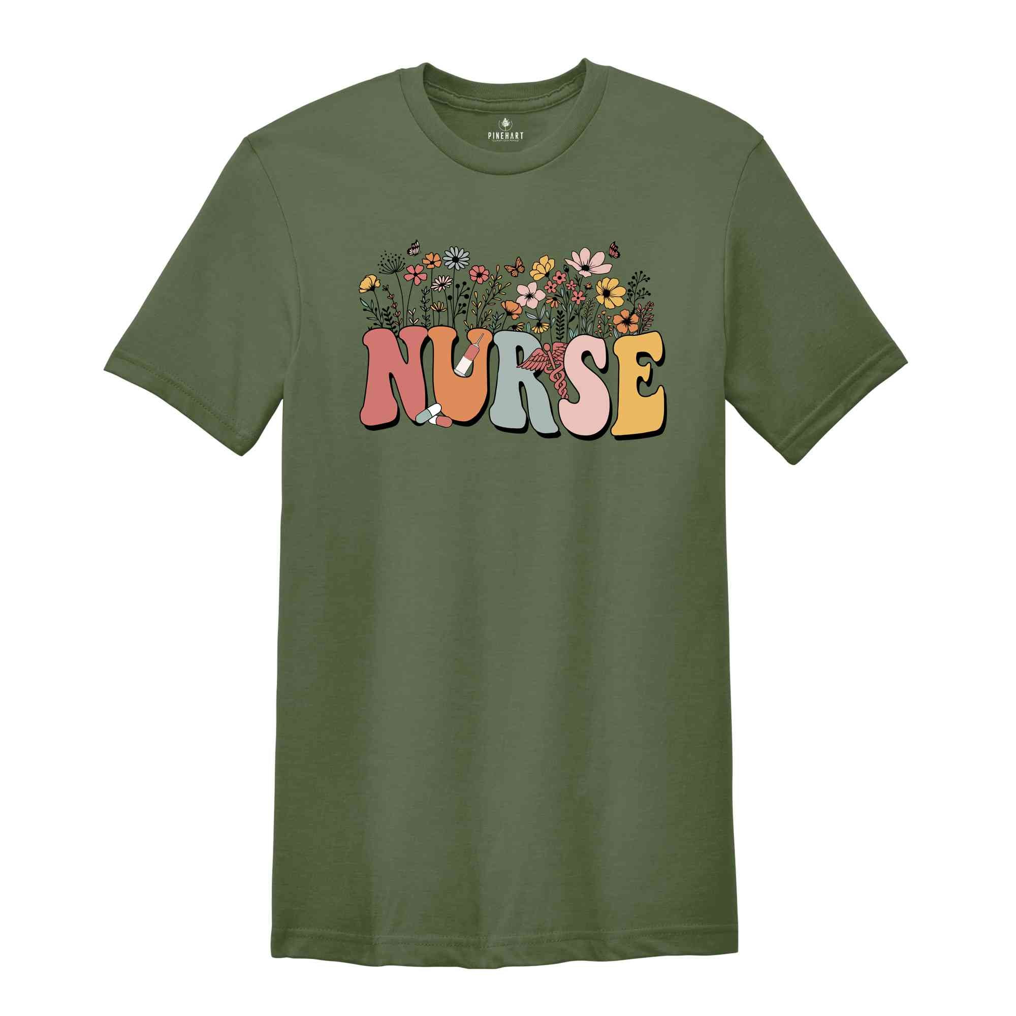 Floral Nurse Shirt, Wildflowers Nurse T-Shirt, Retro Nurse For Work Rn Tee, Registered Nurse Gift, Nurse Appreciation T-Shirt