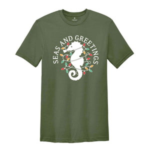 Seas and Greetings Shirt, Beach Christmas Shirt, Seahorse T-Shirt, Christmas Mermaid Shirt, Holiday Apparel, Ocean Shirt