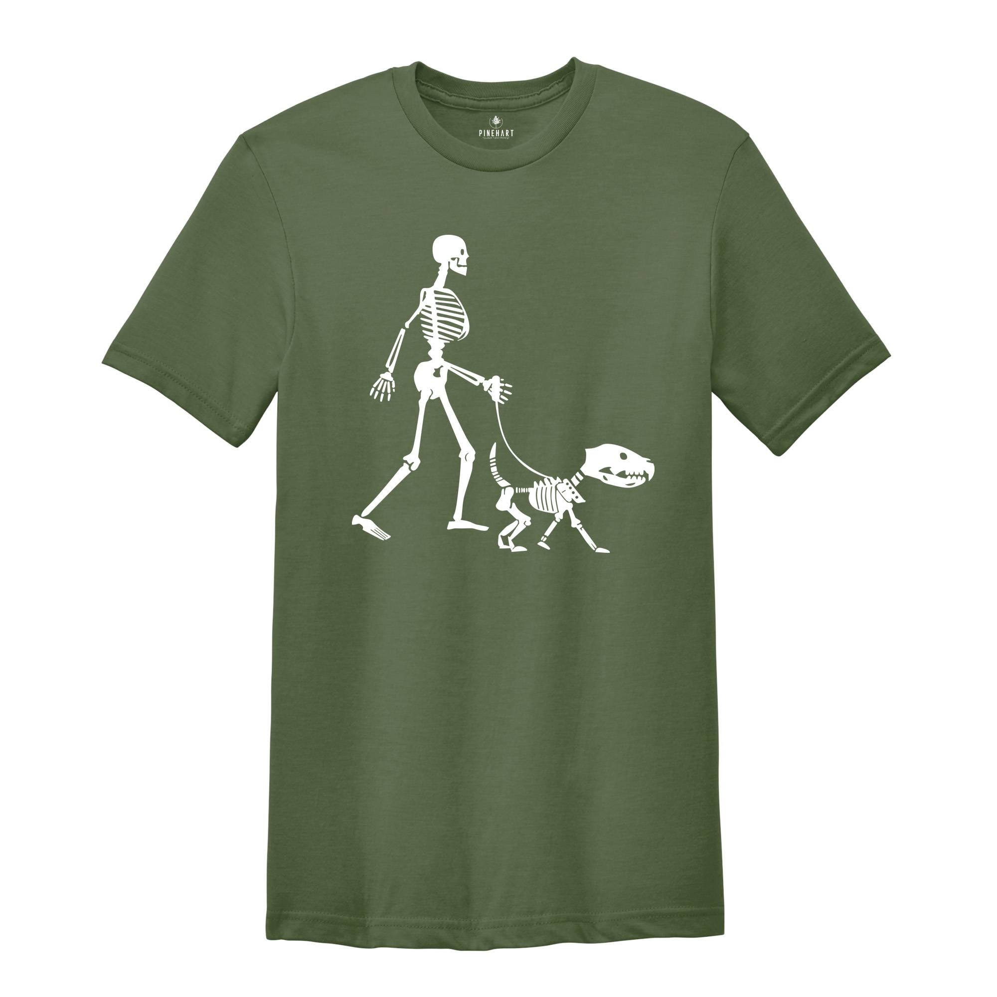 Walking The Dog Halloween T-Shirt, Funny Skeleton Shirt, Halloween Gift For Dog Owner, Funny Dog T-Shirt