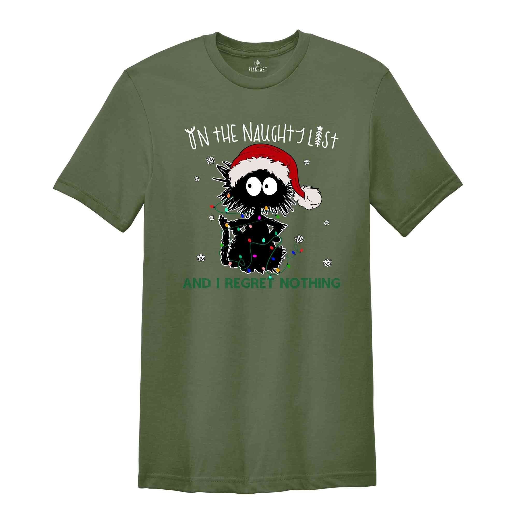 On The Naughty List And I Regret Nothing Shirt, Funny Cat Christmas Shirt, Holiday Shirt, Christmas Gift, New Year Shirt, Cat Lover Shirt