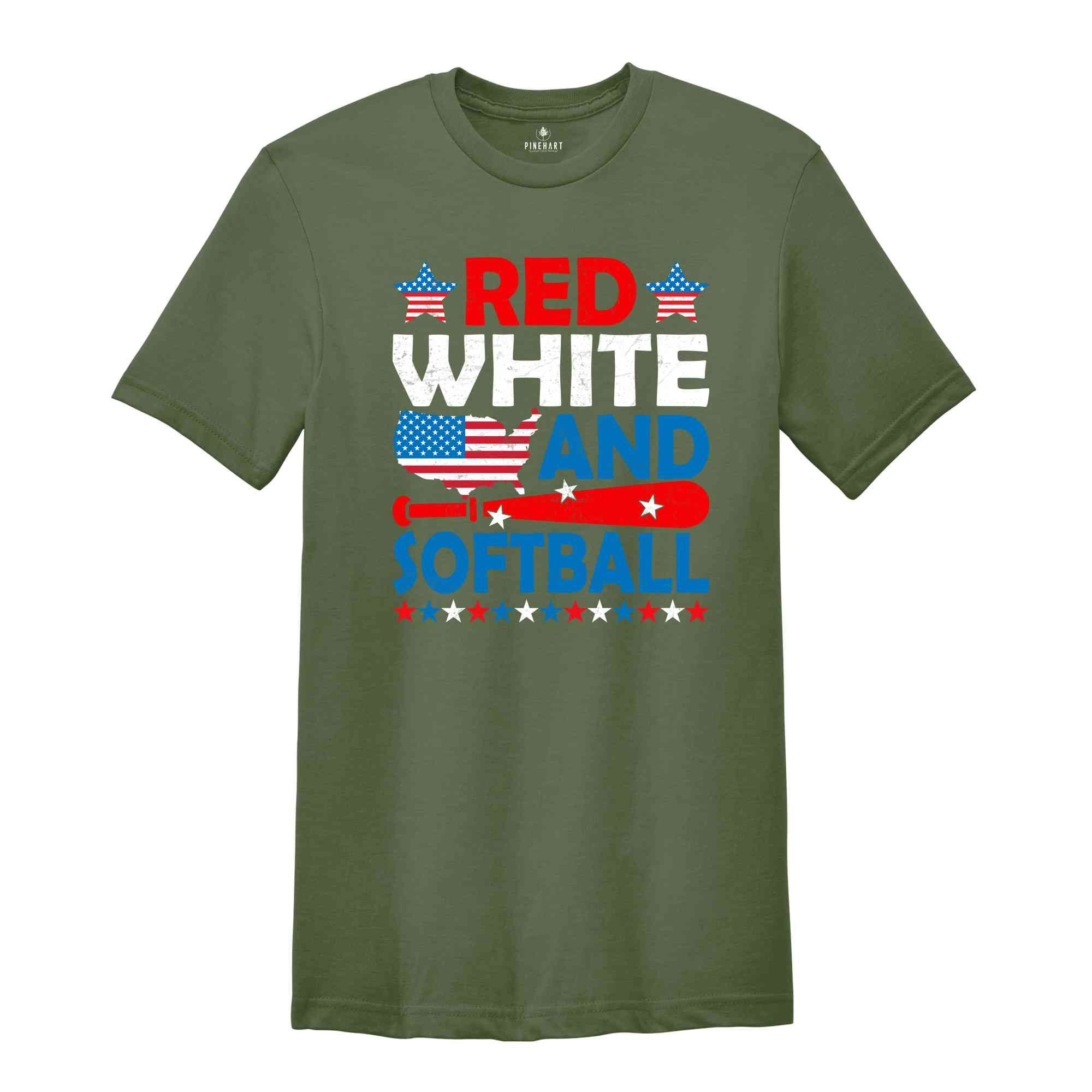 Red White And Softball Shirt, USA Shirt, 4th Of July Shirt, 4th Of July Gift, Softball Shirt, Retro America Shirt, Independence Day Shirt