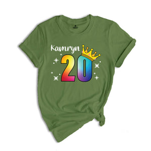 Personalized Names 20 Birthday Shirt, Crown 20th Birthday Shirt, Rainbow Birthday Shirt, Birthday Party Shirt, Toddler Birthday Shirt