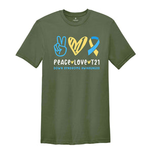 Peace Love T21 Down Syndrome Awareness Shirt, Support Shirt, Blue Yellow Ribbon, Extra Chromosome Shirt, Down Syndrome Shirt