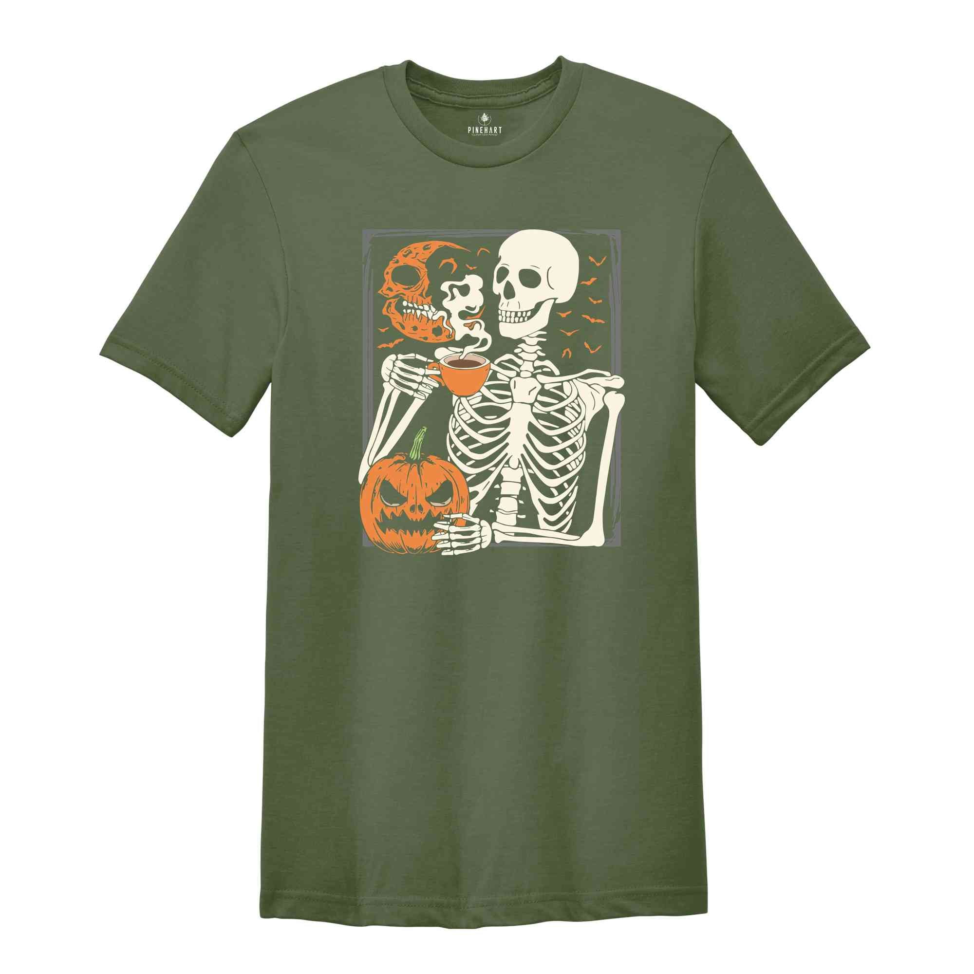 Skeleton Pumpkin T-Shirt, Coffee Lover Skeleton Shirt, Fall Coffee Shirt, Retro Halloween Shirt, Halloween Gifts For Coffee Lovers