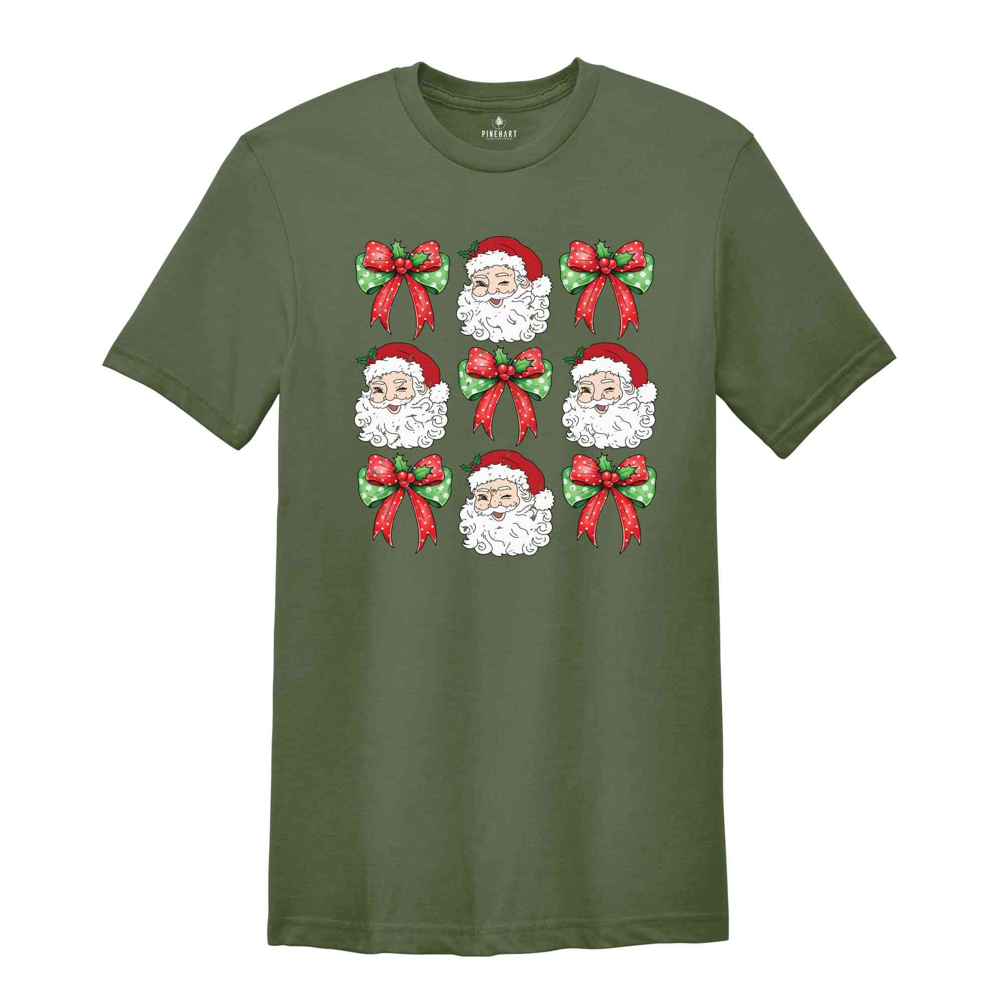 Coquette Christmas Bow Shirt, Santa Face Shirt, Candy Cane Shirt, Cute Christmas Shirt, Christmas Gift, Santa Shirt, Xmas Shirt