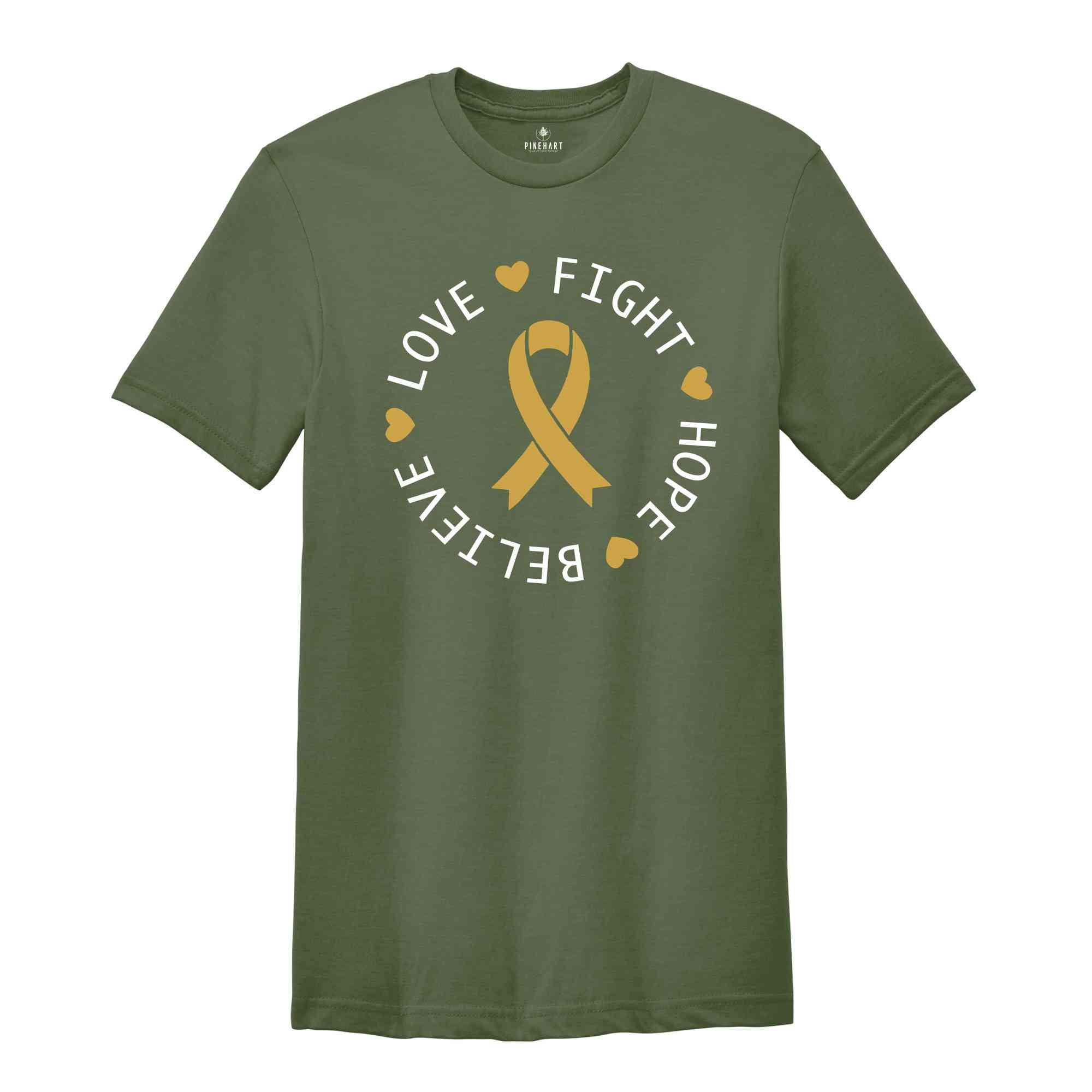 Childhood Cancer Fight Hope Believe Love Shirt, Cancer Support Tee, Cancer Awareness Shirt, Cancer Survivor Gift, Stronger Than Cancer Shirt