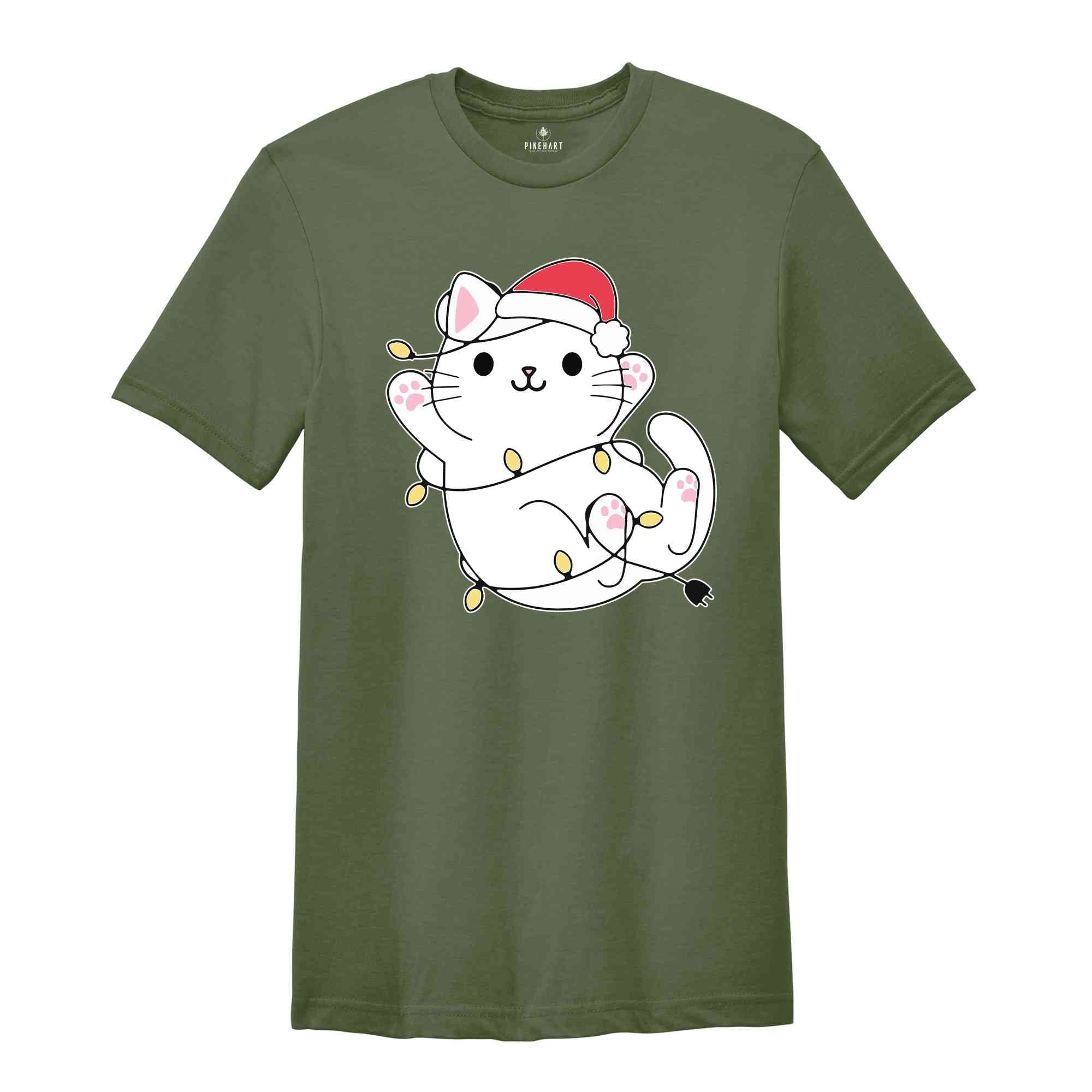 Christmas Cat Shirt, Gift For Cat Lover, Funny Kitty Tee, Cat With Santa Hat, Christmas Gift, Christmas T-Shirt