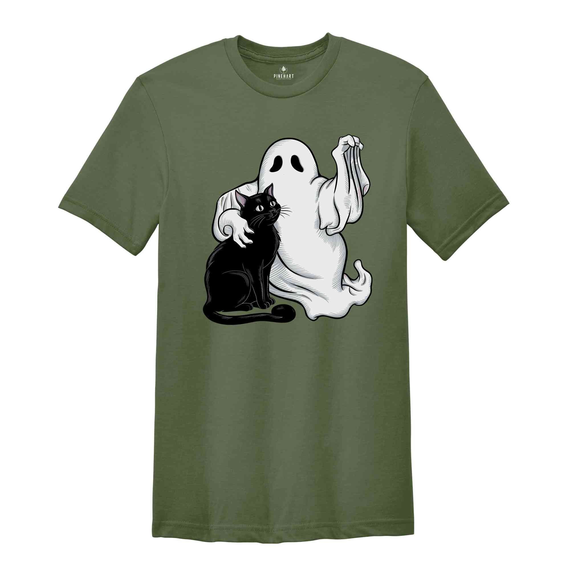 Ghost holding Black Cat Halloween Shirt, Halloween gift, Cats Owner Shirt, funny Halloween Shirt, Cat Lover Shirt, Halloween Shirt