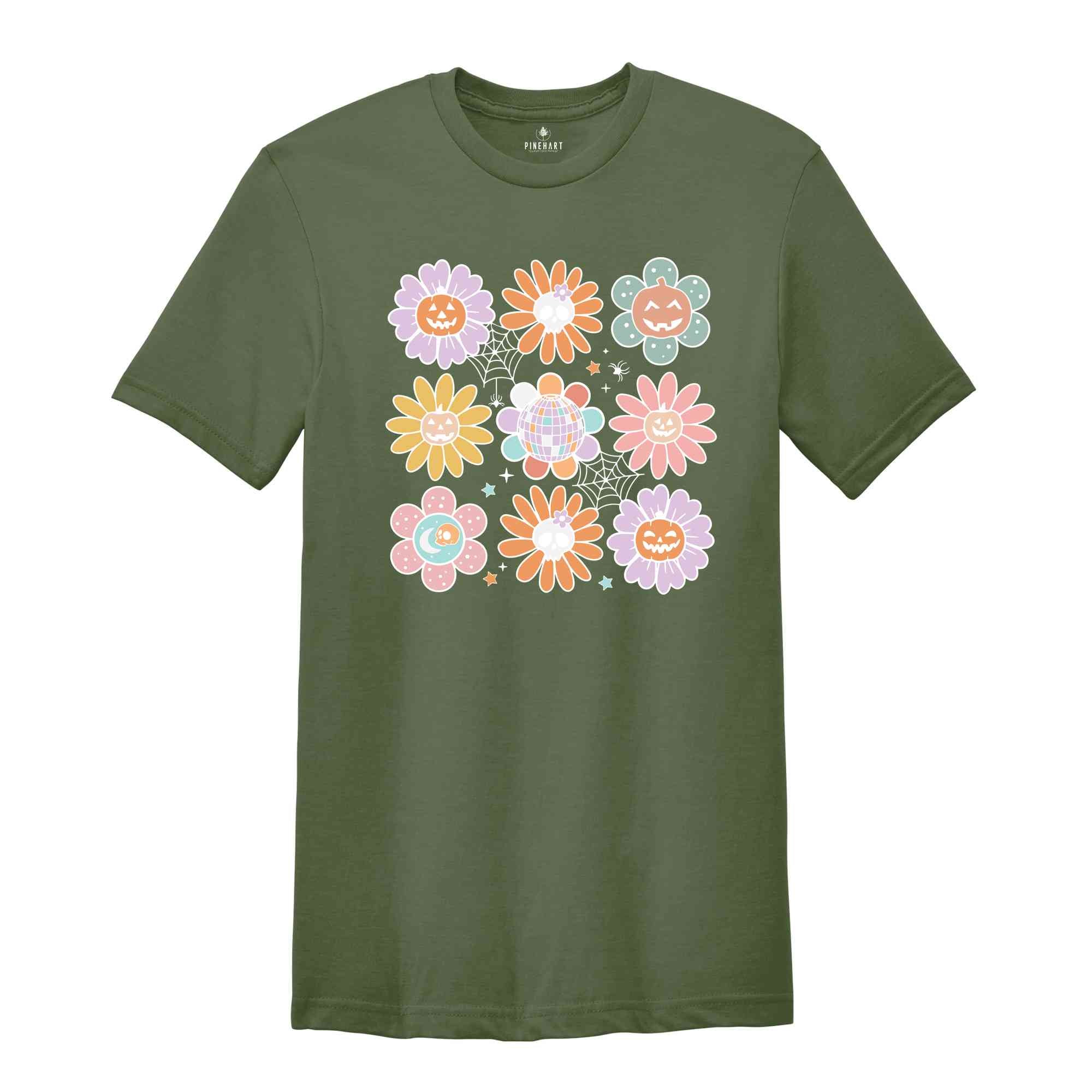 Retro Pumpkins And Flowers Shirt, Pumpkins Shirt, Halloween Shirt, Halloween Vibes Shirt, Fall Vibes Shirt, Retro Fall Shirt, Pumpkin Flower