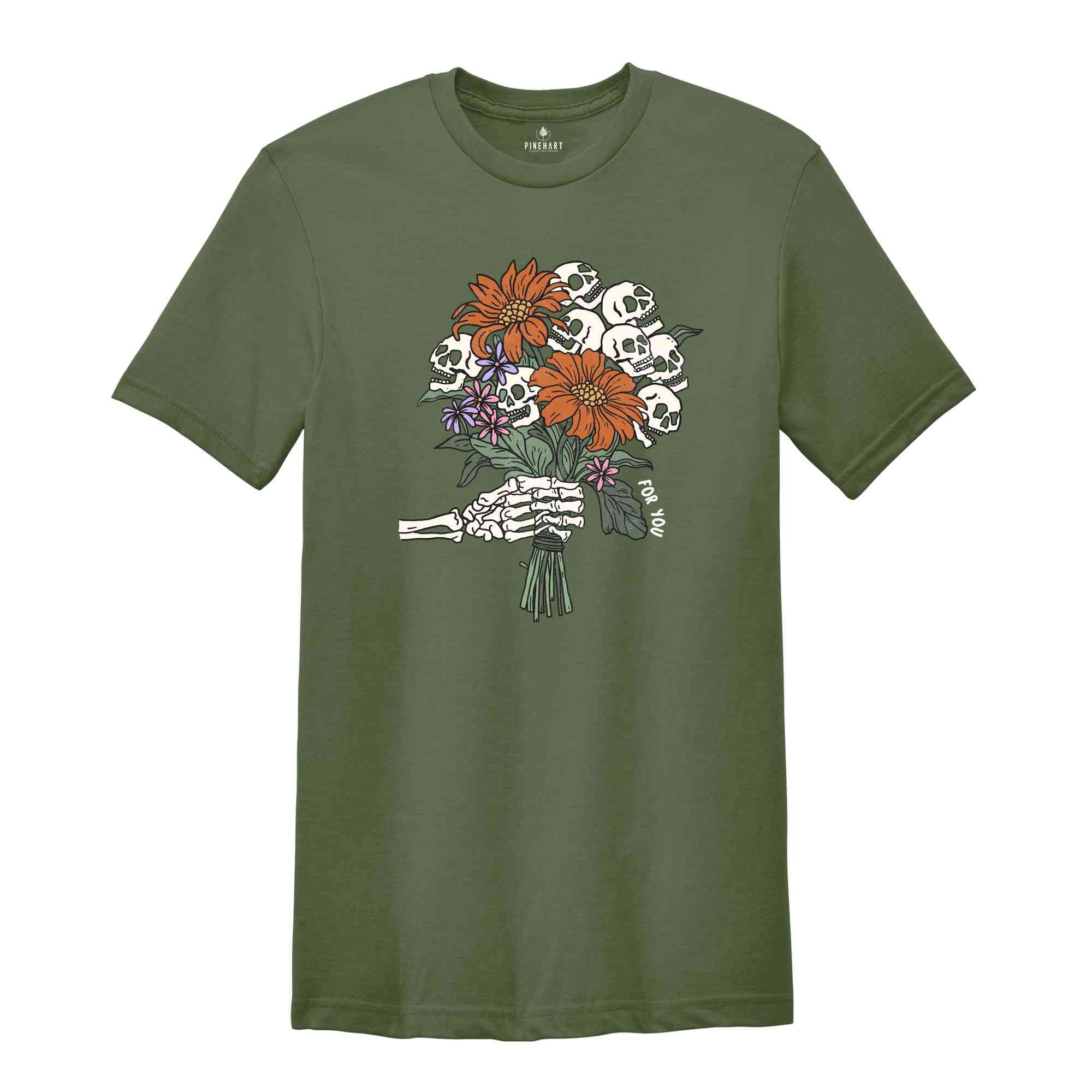 Skeleton Flower Shirt, Skeleton Hand Flower T-Shirt, Halloween Flower Bouquet Tee, Skull Bouquet Shirt, Floral Halloween Shirt