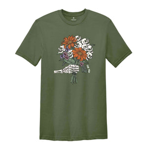 Skeleton Flower Shirt, Skeleton Hand Flower T-Shirt, Halloween Flower Bouquet Tee, Skull Bouquet Shirt, Floral Halloween Shirt