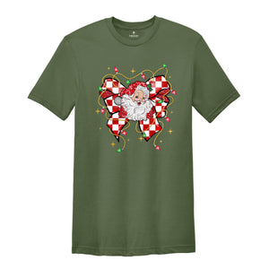 Christmas Coquette Bow Santa Shirt, Santa Christmas Shirt, Santa Claus Shirt, Christmas Lights Shirt, Cute Christmas Gift, Xmas Shirt