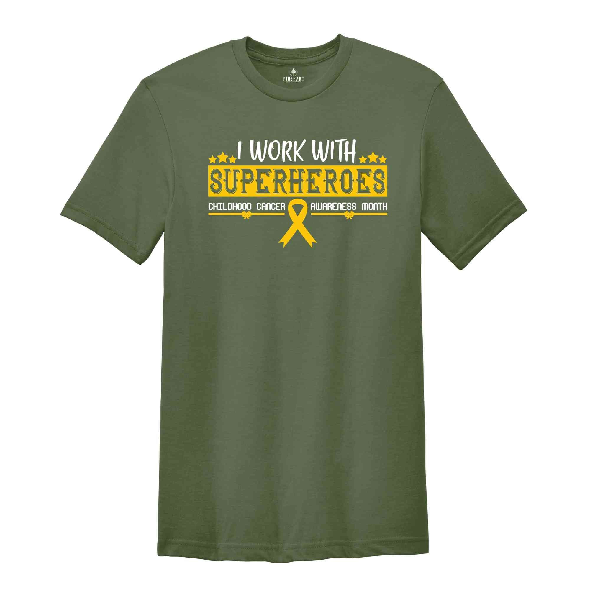 I Work With Superheroes T-Shirt, Childhood Cancer Awareness Month Shirt, Child Cancer Shirt, Gold Ribbon Tee