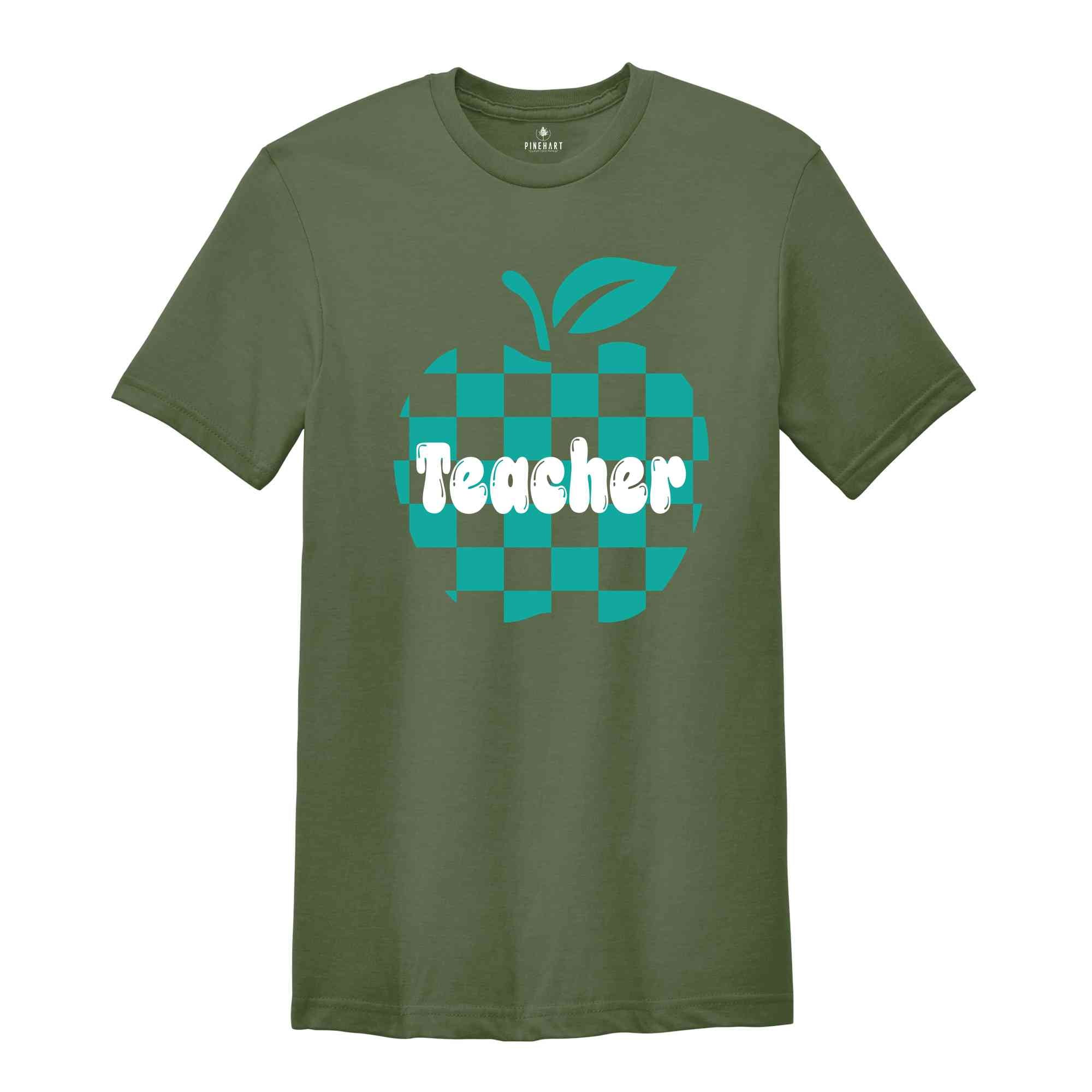 Checkered Teacher apple shirt, Teacher Appreciation Gift, Retro Teacher Shirt, Back to School tee, Trendy Teacher Tee