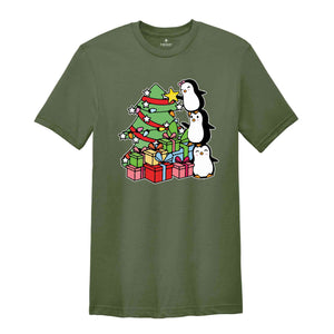 Christmas Tree Penguin Shirt, Cute Christmas Tee, Christmas Gift, Penguin In Santa Hat, Cute Penguin T-Shirt, Christmas Tree Tee