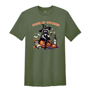 Drink Up Witches Raccoon Shirt, Funny Halloween T-Shirt, Retro Spooky Halloween Party Shirt, Witchy Raccoon Cocktail Pumpkin Skull Tee