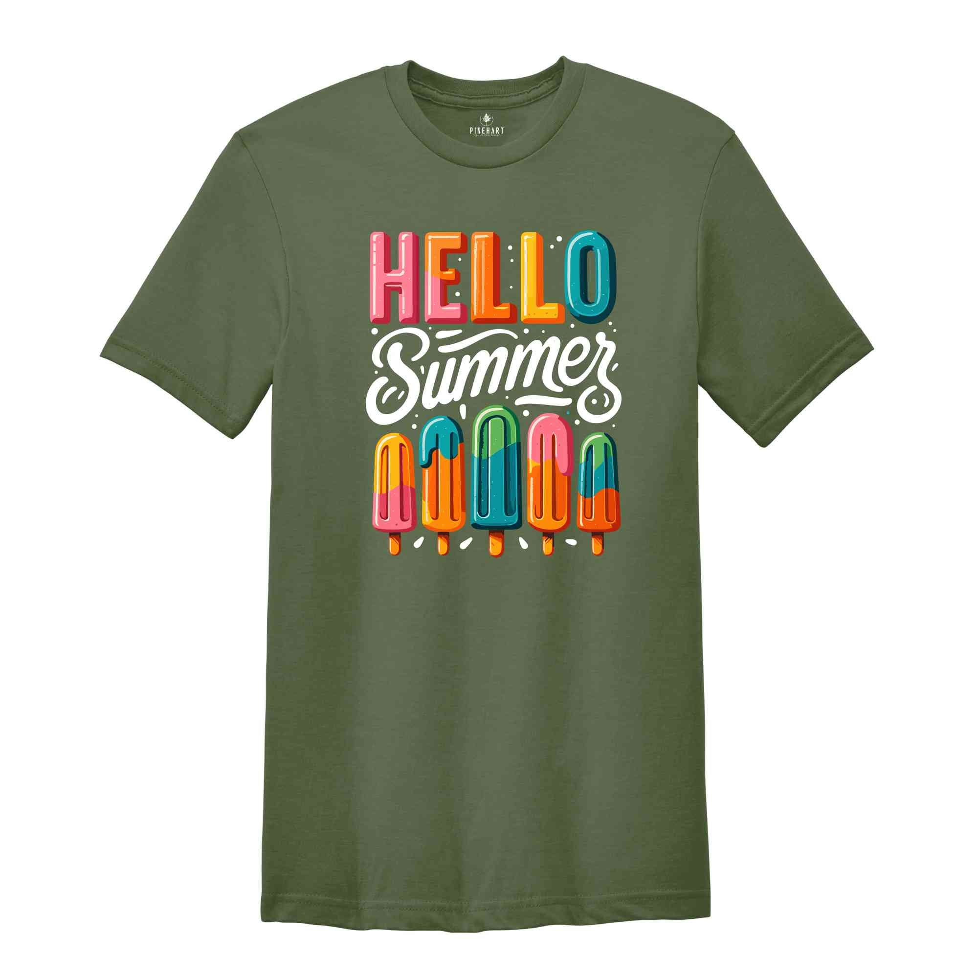 Hello Summer Shirt, Popsicle Written Summer Welcome Shirt, Colorful Holiday Shirt, Family Vacation Apparel, Gift for Traveler