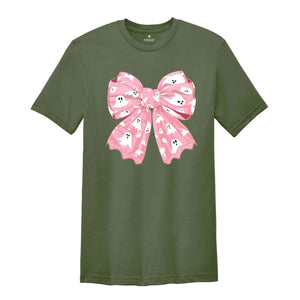 Coquette Pink Bow Ghost Shirt, Pink Coquette Halloween Shirt, Pink Spooky Vibes Shirt, Halloween Shirt, Cute Ghost Shirt, Coquette Shirt