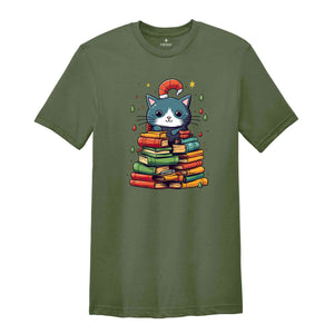 Cute Christmas Cat Shirt, Christmas Tree Shirt, Book Lover Christmas, Library Shirt, Christmas Gift, Christmas Party Shirt, Holiday Shirt