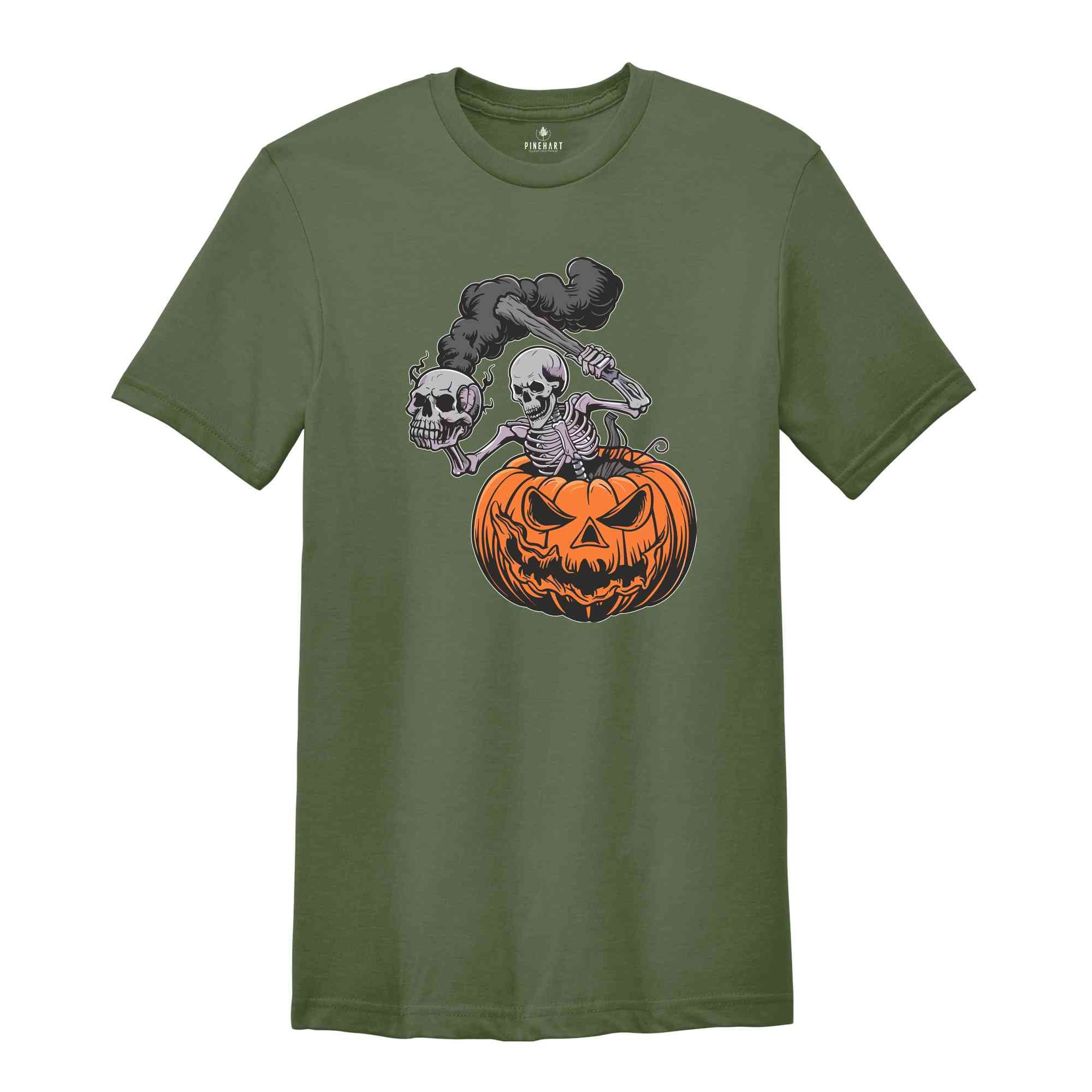 Skeleton Pumpkin Halloween Shirt, Skeleton Skull Smoke Shirt, Ghost Shirt, Spooky Season, Skull Lover Shirt, Halloween Party Shirt