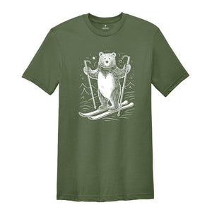 Bear on Snow Skis, Skiing Bear Tee, Winter Animal Tee, Ski Lover Gift, Bear Skiing T-shirt, Snow Ski Bear Tee, Winter Sports Tee, Bear Lover