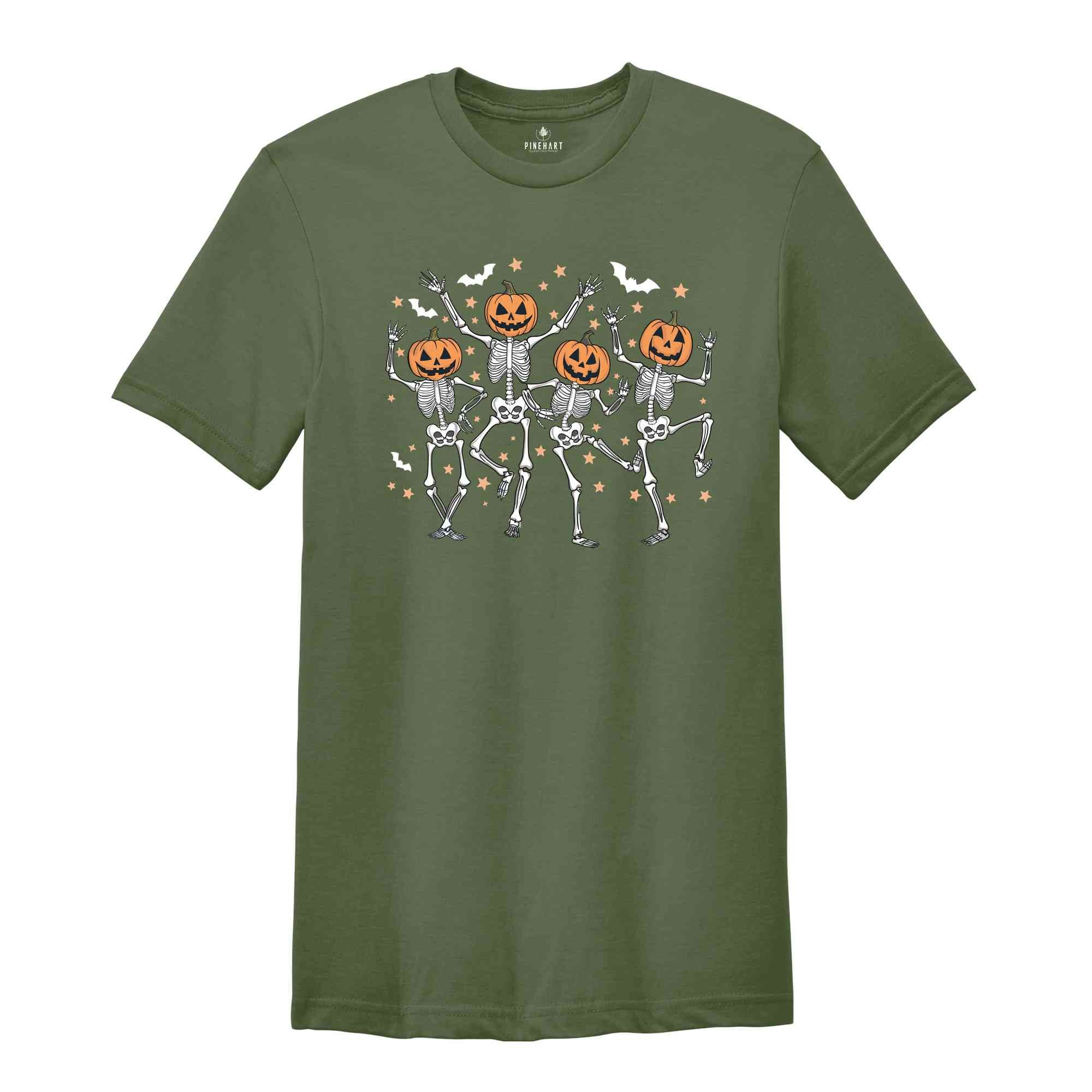 Dancing Skeleton Pumpkin Shirt, Retro Halloween Shirt, Funny Fall Halloween Party Shirt, Spooky Season Skeleton Shirt