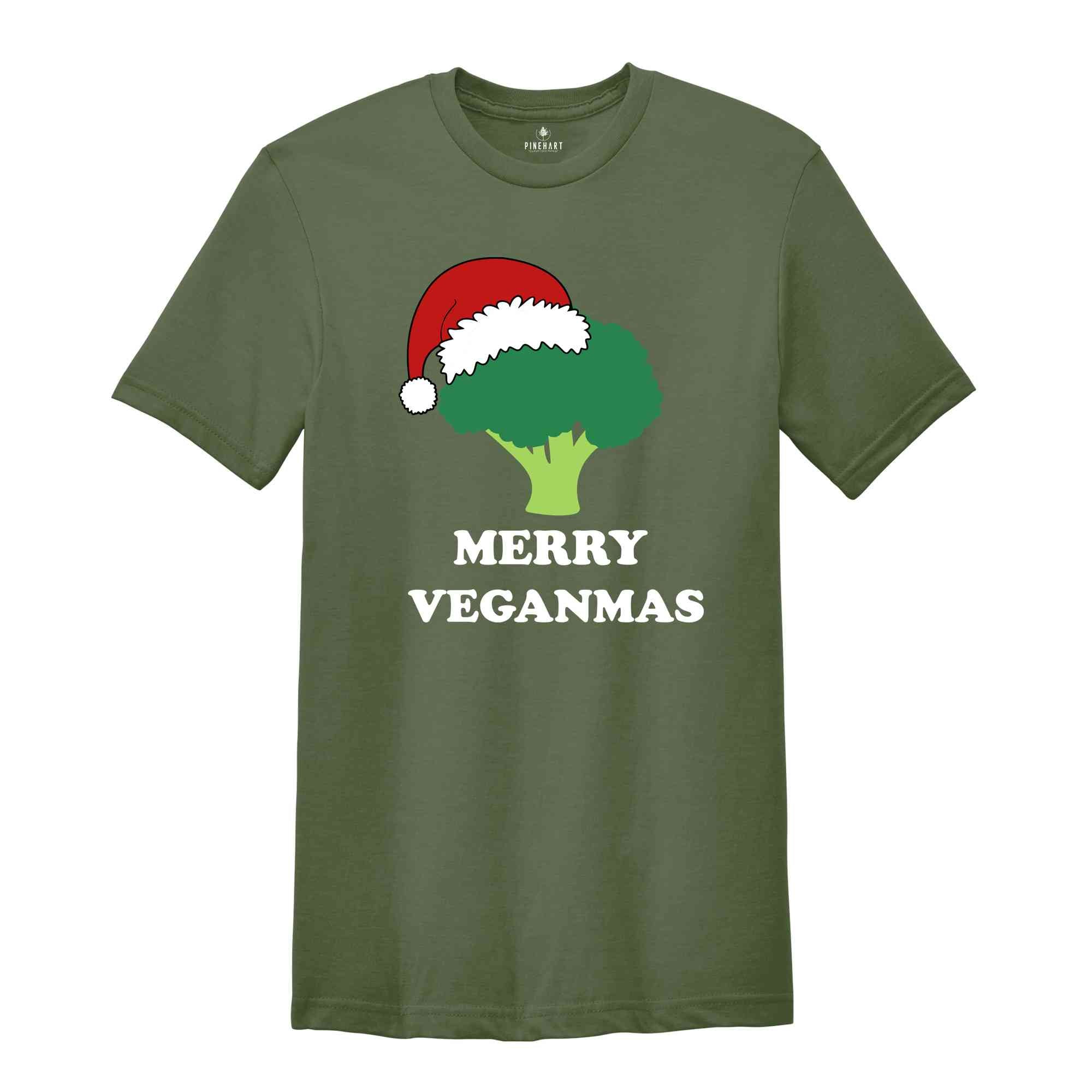 Merry Veganmas T-Shirt, Xmas Vegan Costume, Christmas Party Tee, Broccoli With Christmas Lights and Santa Hat Shirt, Christmas Gift