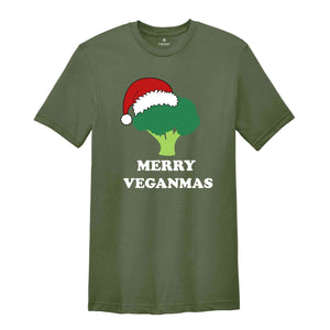 Merry Veganmas T-Shirt, Xmas Vegan Costume, Christmas Party Tee, Broccoli With Christmas Lights and Santa Hat Shirt, Christmas Gift