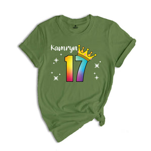 Personalized Names 17 Birthday Shirt, Crown 17th Birthday Shirt, Rainbow Birthday Shirt, Birthday Party Shirt, Toddler Birthday Shirt