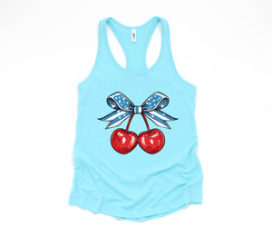 4th of July Coquette Cherry Tank, Cherry Bow Top, 4th Of July Shirt, Cherry Coquette Tee, American Flag Bow Tee, Cherry Lover Gift