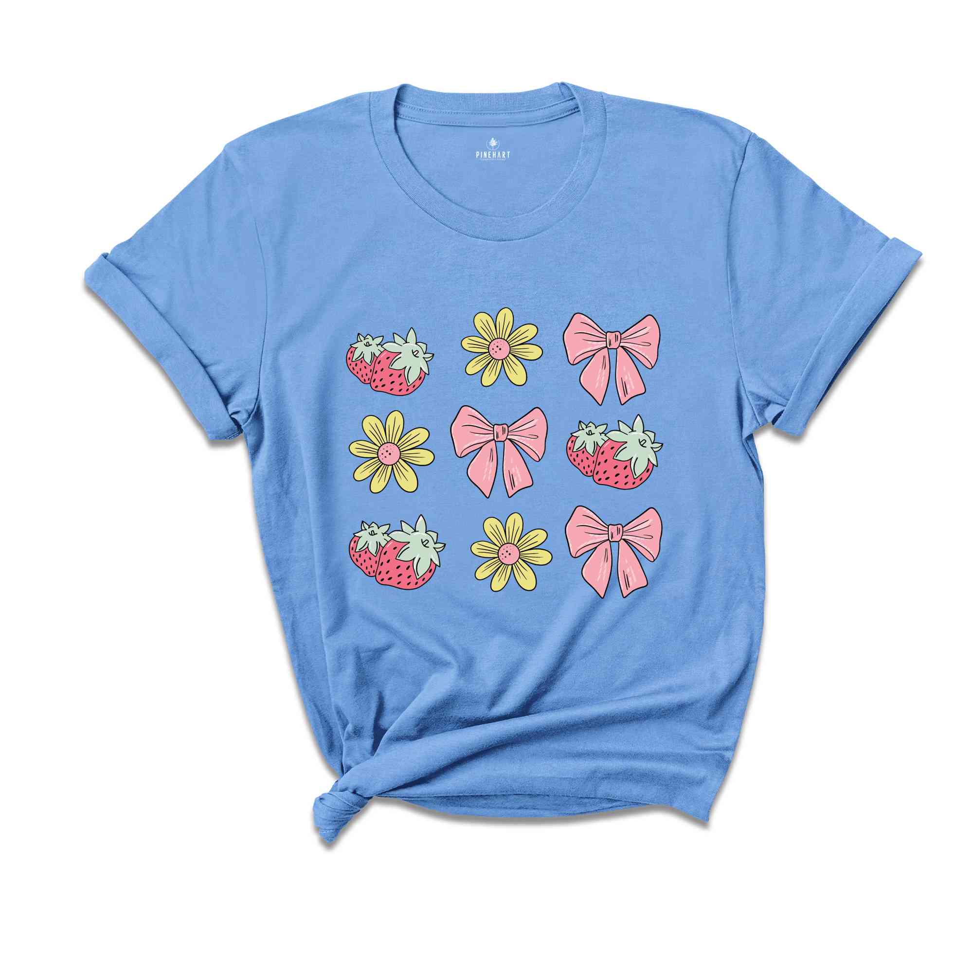 Summer Vibes Shirt, Floral Pink Bows Strawberry Shirt, Cute Summer Shirt, Summer Trendy Tee, Cottegecore Shirt