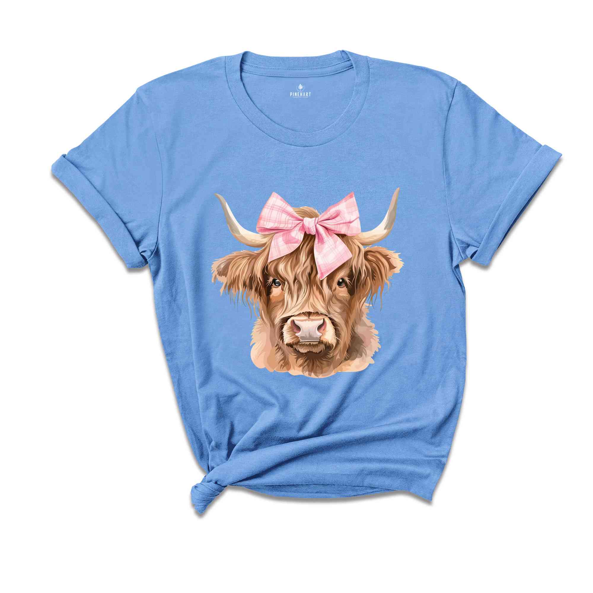 Pink Bow Cowgirl Highland Cow Heifer T-Shirt, Coquette Bow Highland Cow Shirt, Cowgirl Tee, Western Cow Shirt