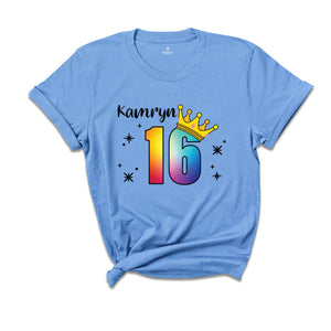 Personalized Names 16 Birthday Shirt, Crown 16th Birthday Shirt, Rainbow Birthday Shirt, Birthday Party Shirt, Toddler Birthday Shirt