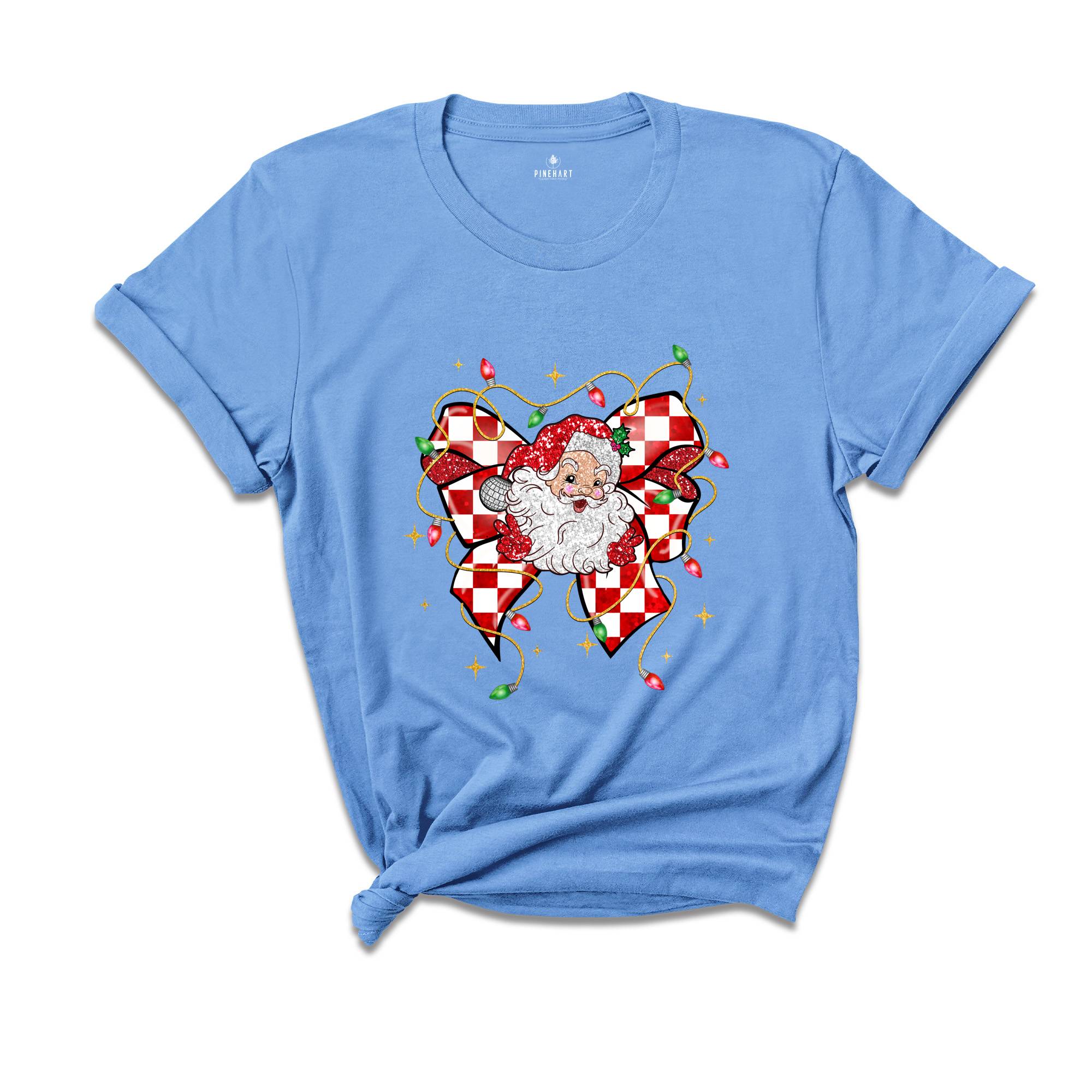 Christmas Coquette Bow Santa Shirt, Santa Christmas Shirt, Santa Claus Shirt, Christmas Lights Shirt, Cute Christmas Gift, Xmas Shirt